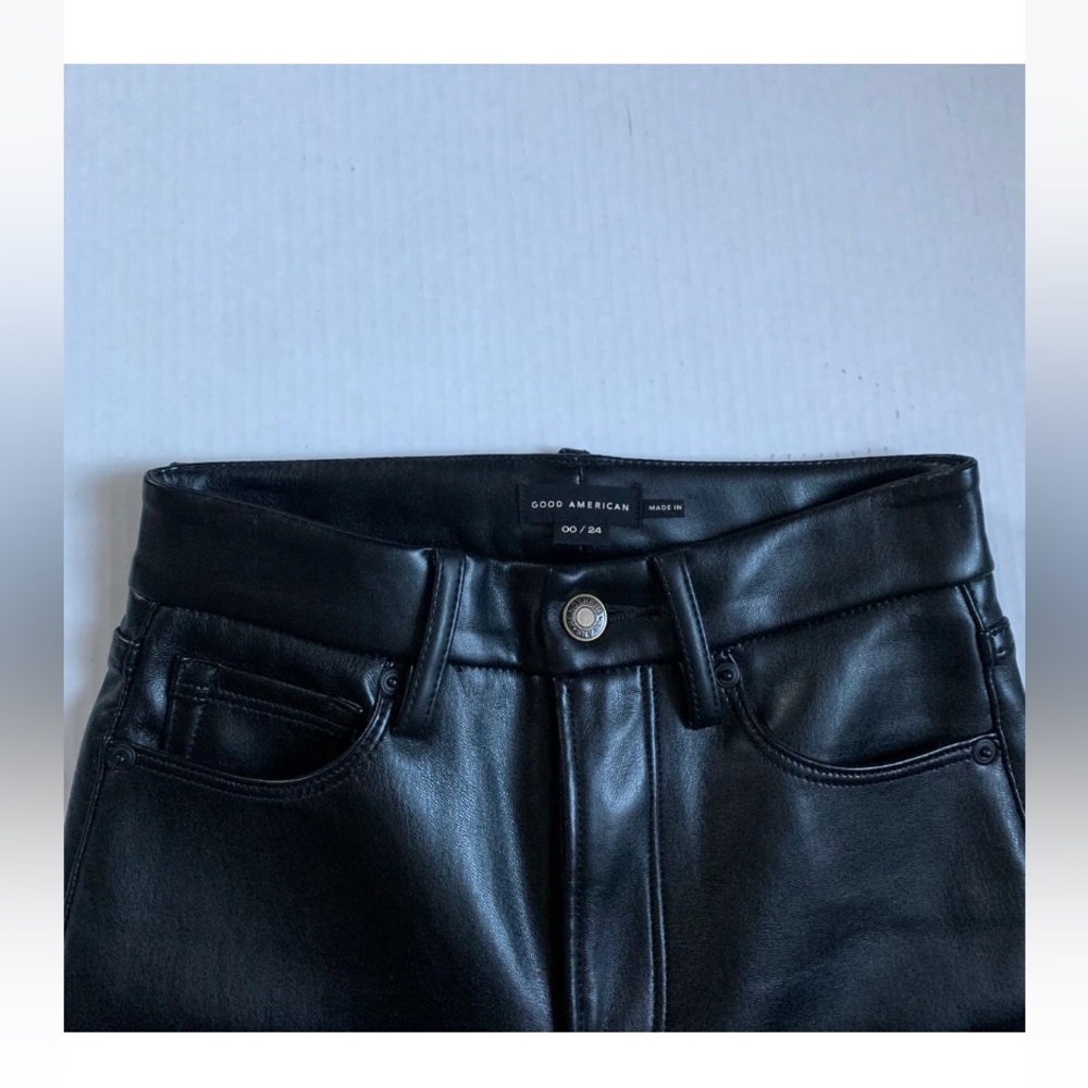 Good American Women's Sz 00/24 Black Vegan Leather High-Rise Waist Flared Pants